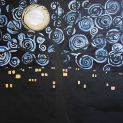 Christmas Moon over Old Town - Acrylic, Gold and Silver Leaf on Canvas